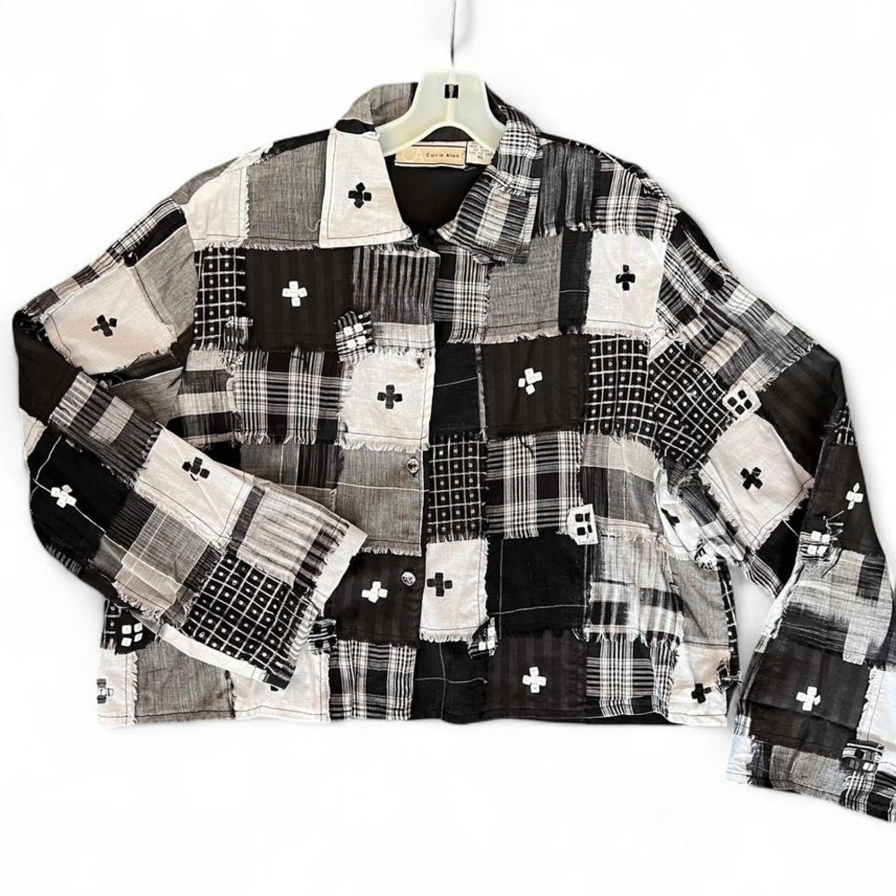 Vintage Carrie Allen Black white patchwork sequins fringe button-up womens sz XL